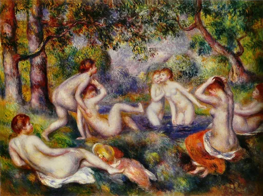 A group of nude bathers gathers around a pool in a sunlit forest clearing, in warm green, gold and rust tones