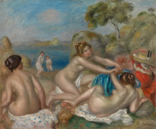 Several nude bathers playing together on rocks by a cove with children paddling in the distance, in soft flesh tones, blue water and green foliage