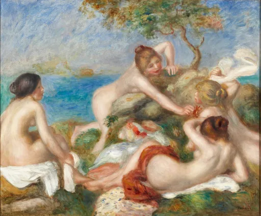 A group of nude bathers reclining together on rocks by the sea, one passing a small crab, under a tree, in pale flesh tones and blue