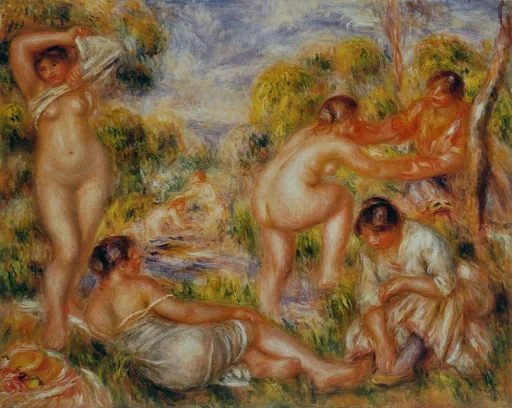 A group of nude and partly dressed bathing women drying themselves and resting by a woodland pool, in warm orange, cream and green tones
