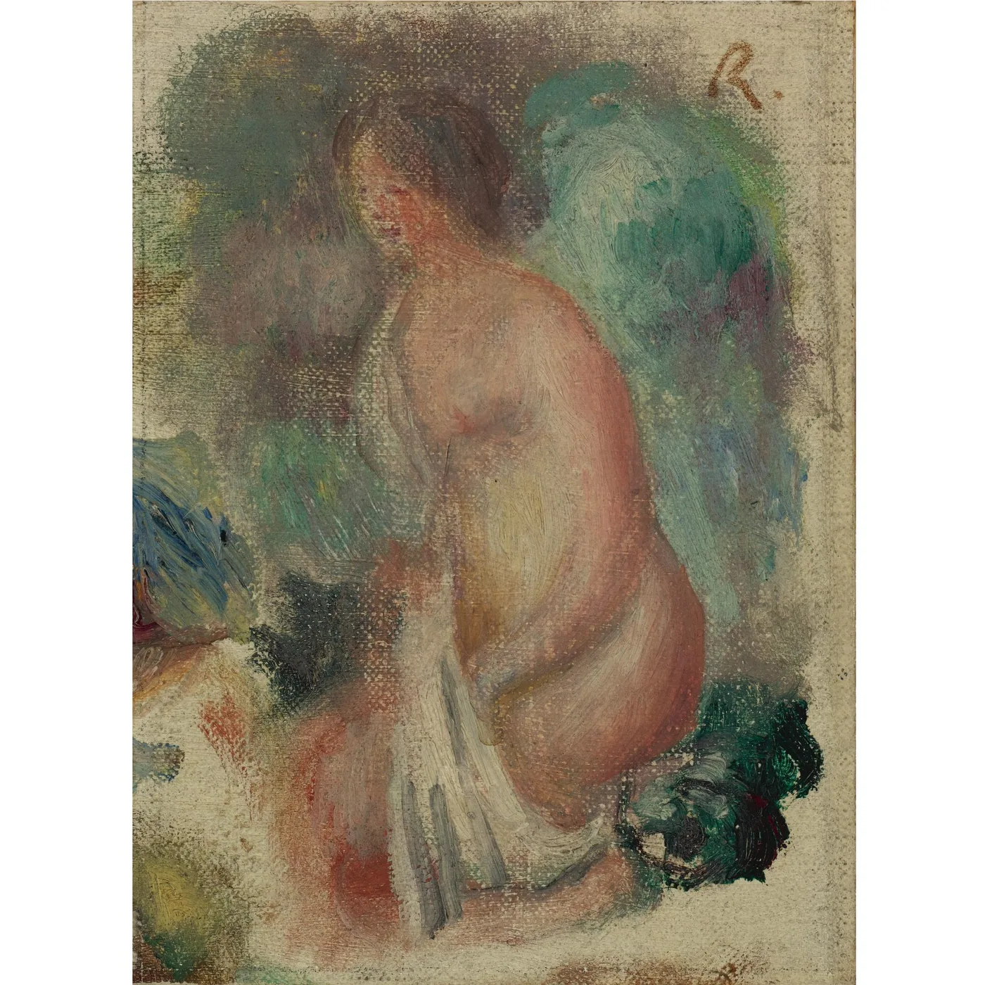 A loosely painted nude bather seen from behind holds a white cloth against green and blue foliage