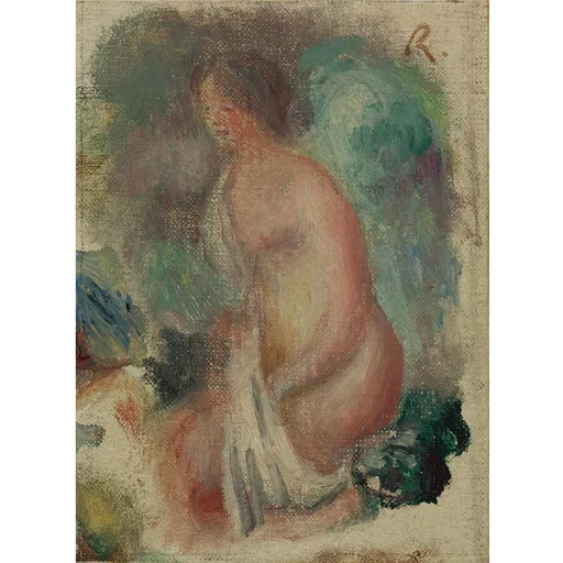 A loosely painted nude bather seen from behind holds a white cloth against green and blue foliage