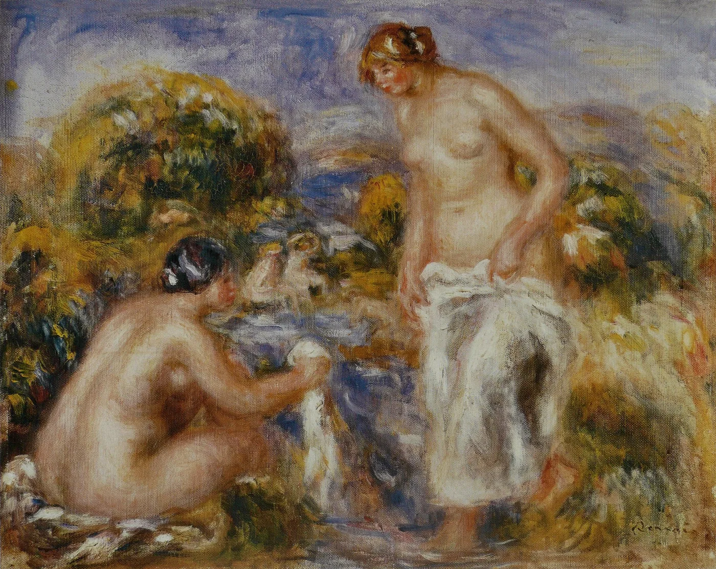 Two nude bathers by a pool, one crouched washing a cloth and one standing wrapped in white, in a golden landscape