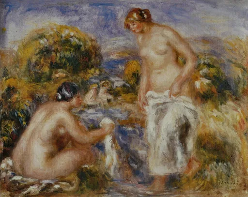 Two nude bathers by a pool, one crouched washing a cloth and one standing wrapped in white, in a golden landscape