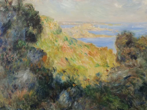 A sunlit hillside of wildflowers and shrubs overlooking a blue bay dotted with sailboats, in gold and green tones