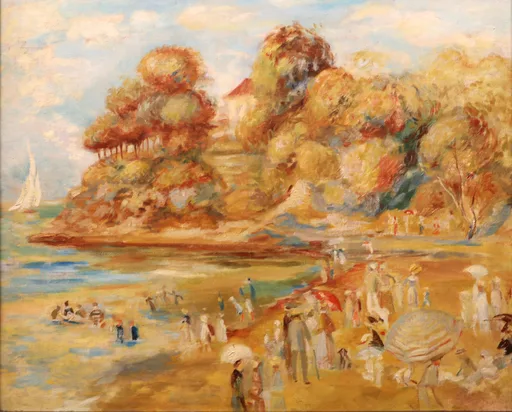 A crowded sandy beach beneath wooded cliffs with a sailboat offshore, people strolling under parasols, in golden ochre, green, and pale blue