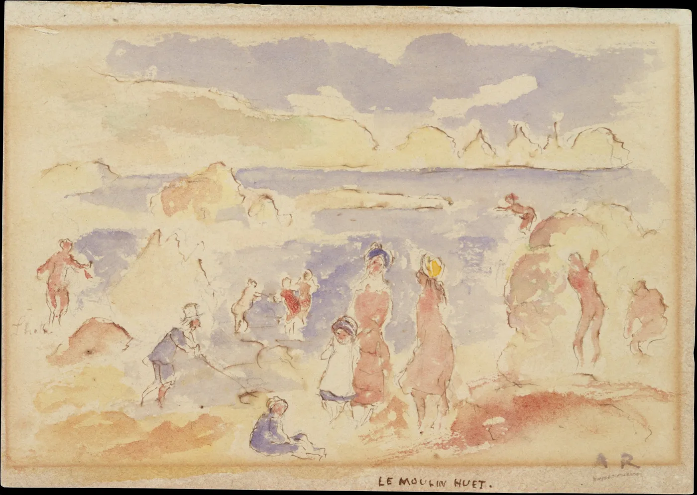 A loose watercolor sketch of figures playing among rocks on a beach, in pale lavender, peach, and cream