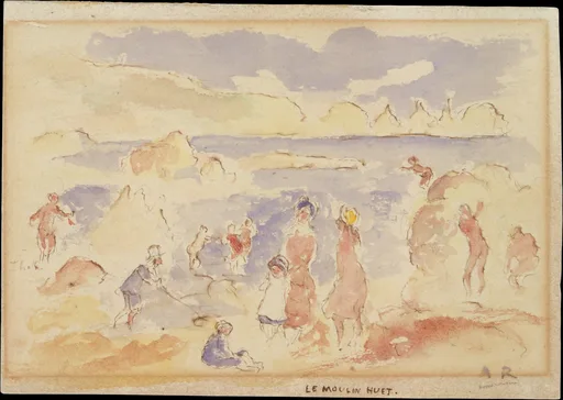 A loose watercolor sketch of figures playing among rocks on a beach, in pale lavender, peach, and cream