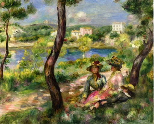Two women in hats sit on a grassy bank under pine trees overlooking a blue bay with villas on the far shore