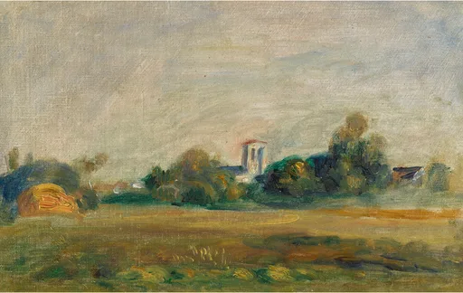 A distant church steeple rising above trees on a village horizon, seen across an open field, in muted green and ochre