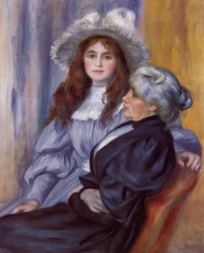A seated woman in a dark blue coat beside a young girl in a pale blue dress and feathered bonnet, indoors, in navy, lavender and amber tones