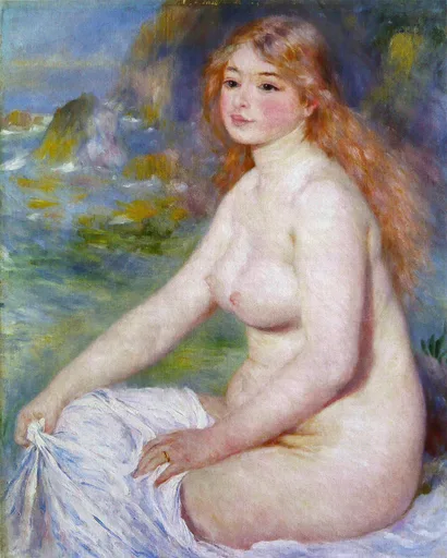 A nude blonde bather seated on white drapery by a rocky coastline, holding a white cloth, with blue sea and green rocks behind her