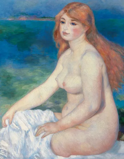A red-haired nude bather seated on white drapery beside a lake, gazing sideways, in pale flesh tones against deep blue and green water