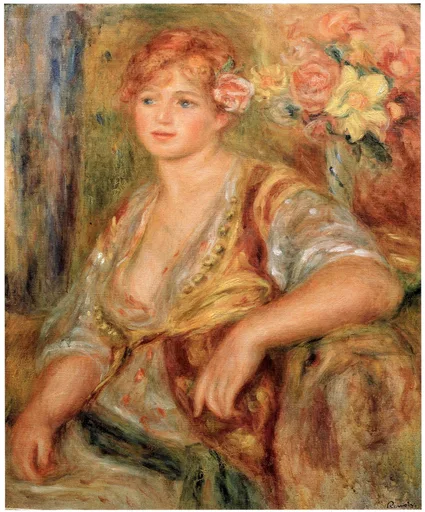 A blonde girl in a loose blouse with a rose tucked in her hair, seated beside a vase of pink and yellow roses, in warm gold and peach