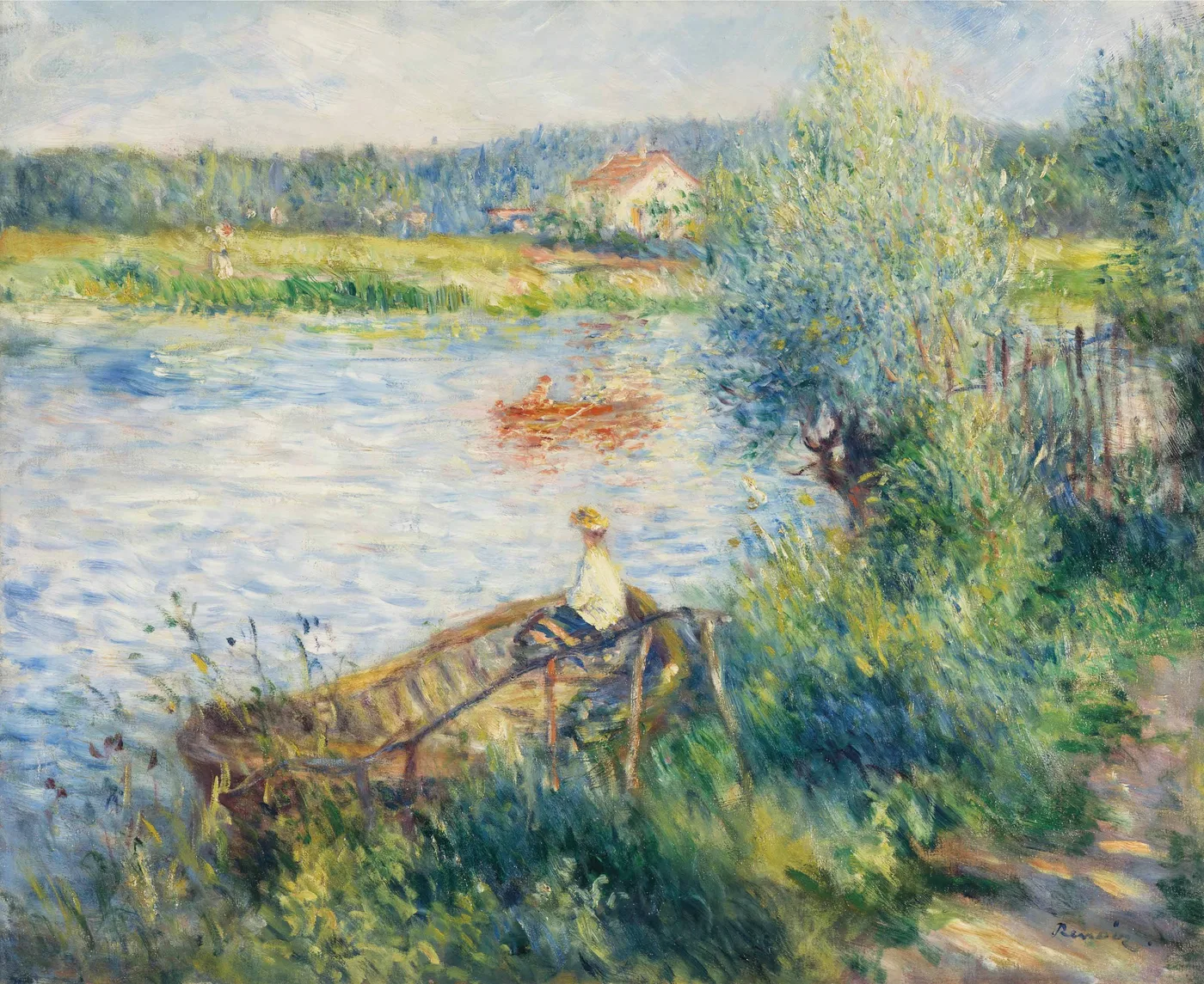A woman in white seated in a moored boat watching a red rowboat cross the river, riverside houses beyond, in blue and green
