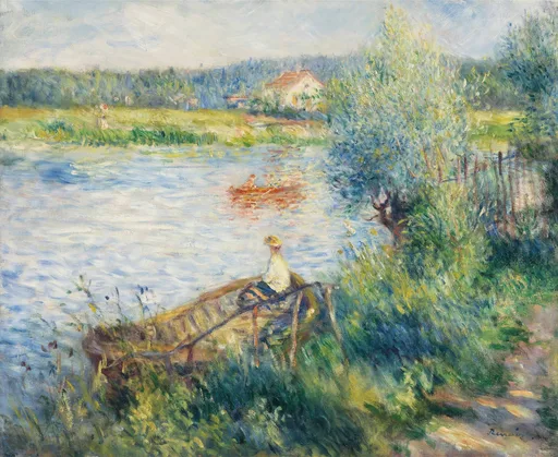 A woman in white seated in a moored boat watching a red rowboat cross the river, riverside houses beyond, in blue and green