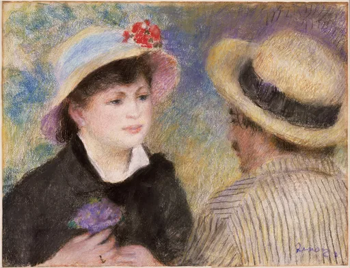 A pastel of a woman in a flowered straw hat and black coat facing a man in a striped jacket and boater seen from behind, in soft blue and gold
