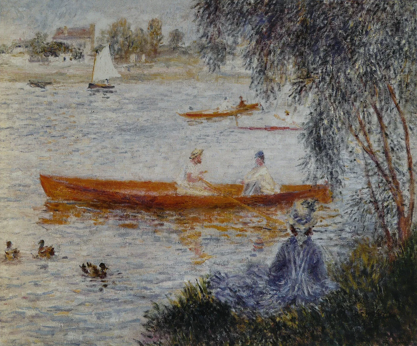 Two figures row an orange boat on a river with ducks nearby, watched by a woman seated under a willow, in orange and grey blue