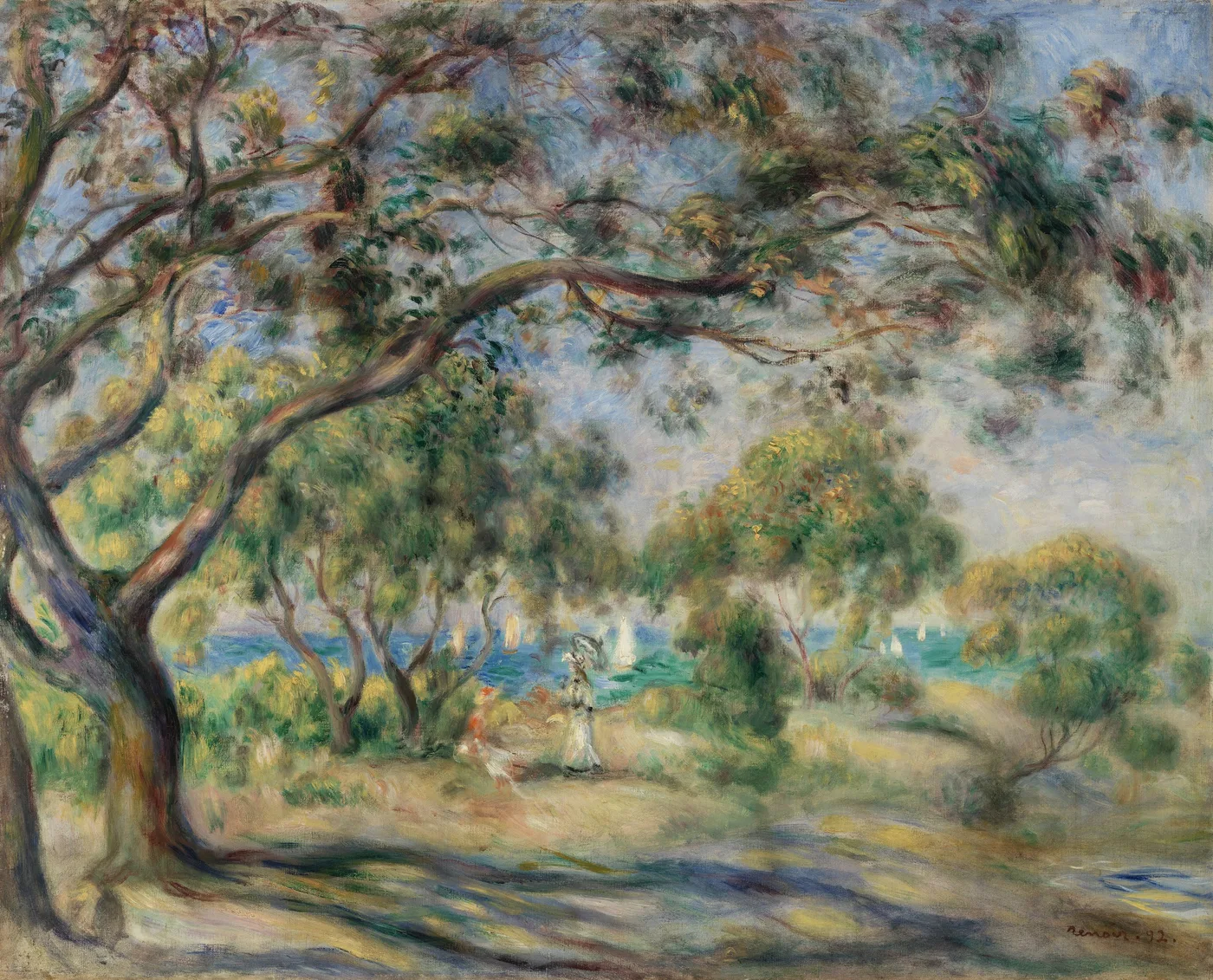A coastal landscape with a gnarled tree arching over two small figures walking toward sailboats on the water, in green, blue and sandy tones