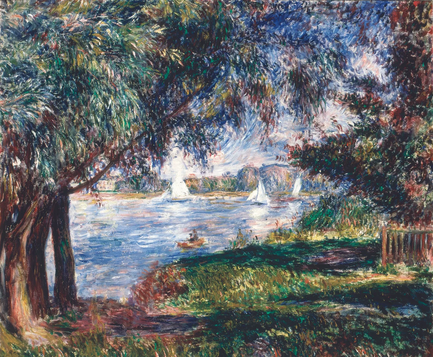 Sailboats drift on a river seen through overhanging willow branches, with green grass and a fence in the foreground