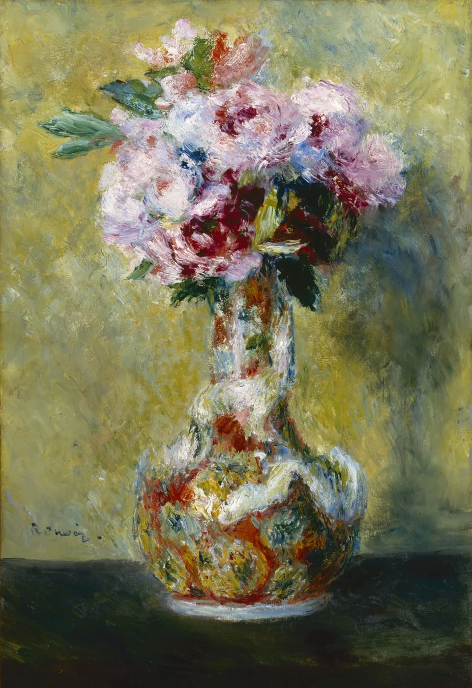 Loose pink, white and red roses spill from a mottled ceramic vase on a dark table against a golden-yellow textured background.