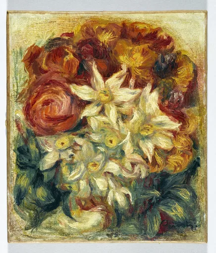A dense cluster of white narcissus and orange roses against a golden background, in a close-up still life