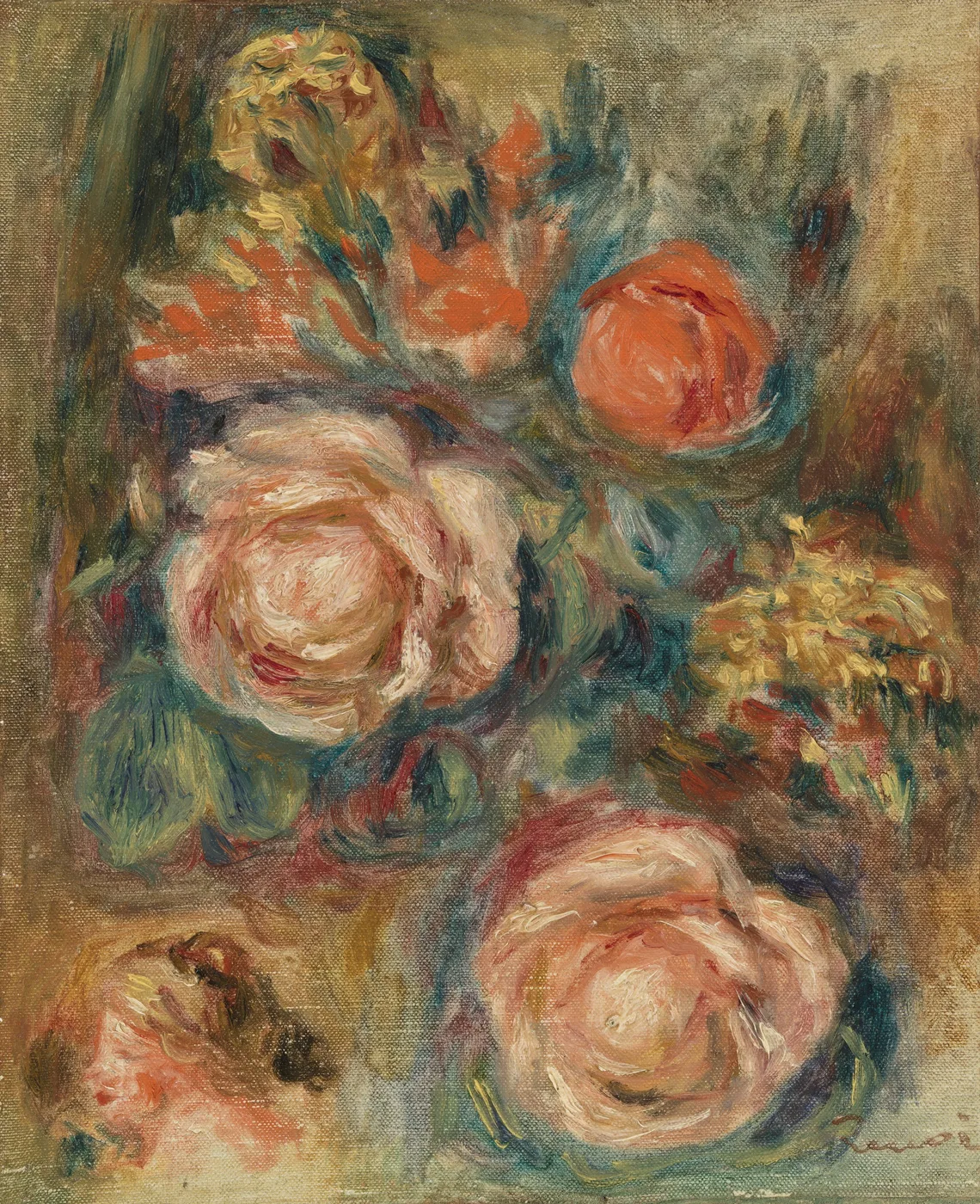 A loosely painted close-up of pink roses and orange blossoms among green foliage, in a soft impressionistic study