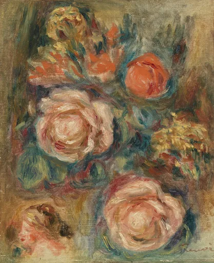 A loosely painted close-up of pink roses and orange blossoms among green foliage, in a soft impressionistic study