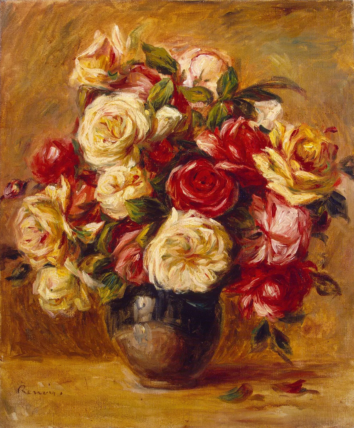 A full bouquet of cream, red and pink roses in a dark rounded vase on a golden brown tabletop