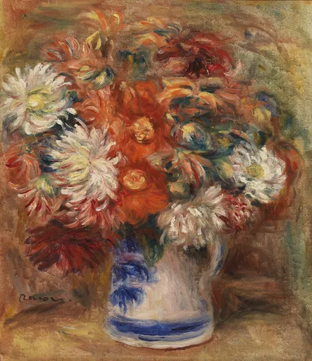 A full bouquet of white, orange and red chrysanthemums in a blue and white pitcher, against a warm brown ground