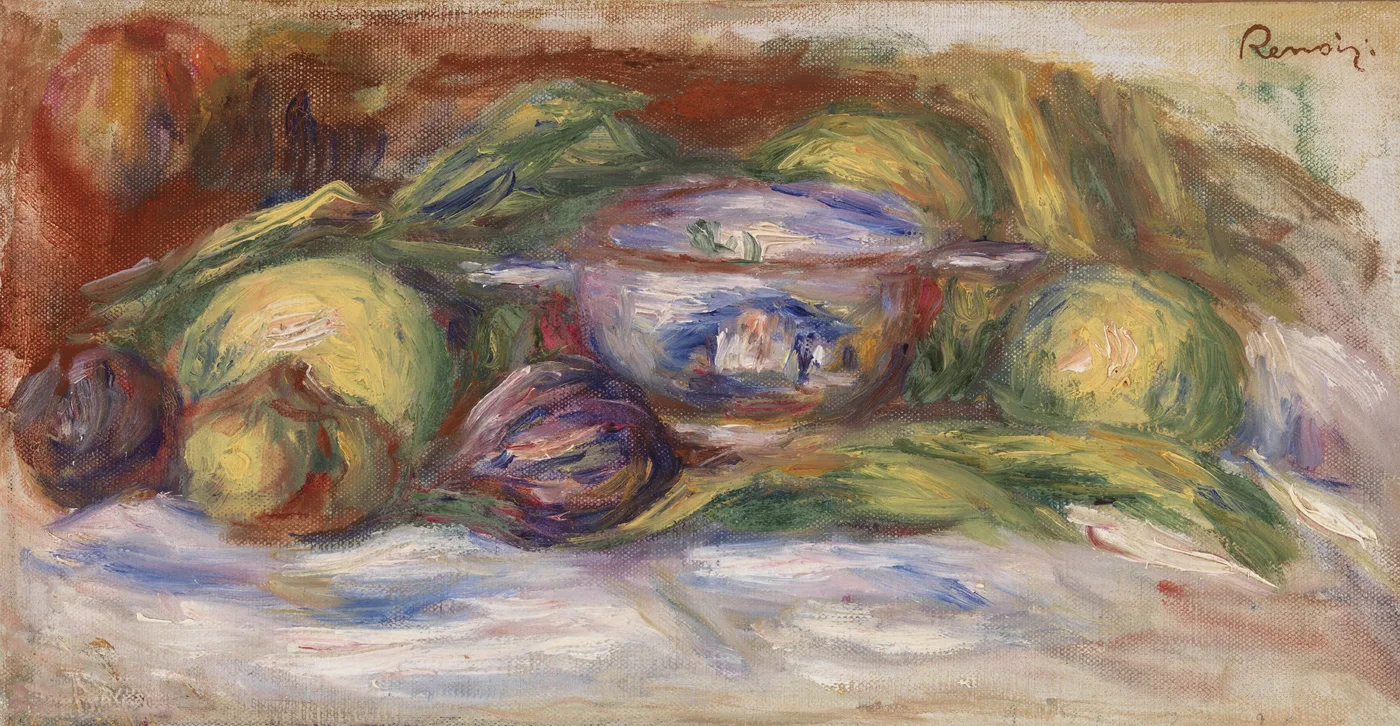 A decorated bowl surrounded by figs, apples and an artichoke on a white cloth, in warm rust and green tones