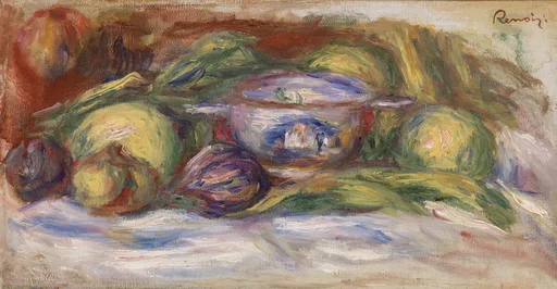 A decorated bowl surrounded by figs, apples and an artichoke on a white cloth, in warm rust and green tones