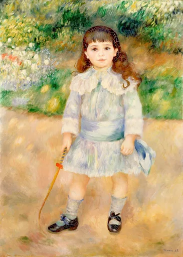 A young child in a pale blue dress standing in a garden path, holding a whip in one hand and a hat in the other, amid green foliage and flowers