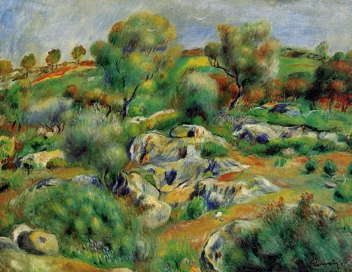 Rugged terrain of large pale rocks rises among green shrubs and gorse on rolling hills, beneath a blue-grey sky.