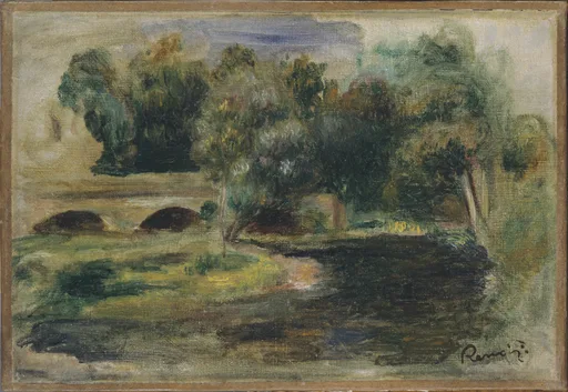 A rural landscape with a two-arched stone bridge over a river bordered by dense trees, painted in dark green, olive and muted brown