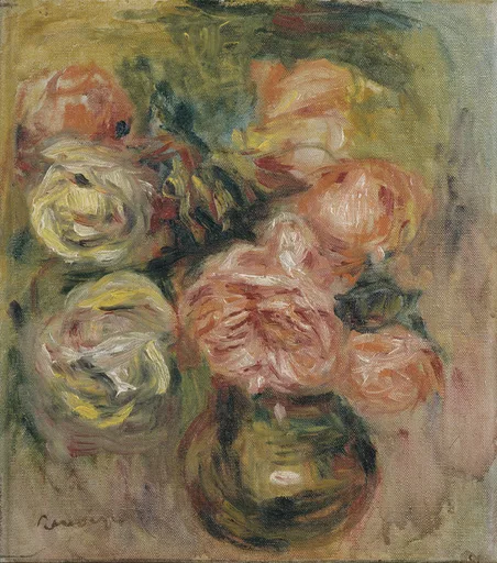 Cream, pink and peach roses cluster loosely in a small dark bronze jug, painted in soft, blended brushstrokes.