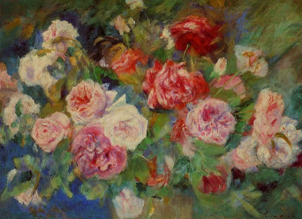 A dense bush of red and pink roses in full bloom amid green leaves, in a loosely brushed garden study