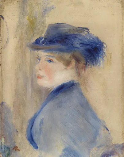 A woman glances over her shoulder in a feathered blue hat and blue collared coat, against a soft beige ground