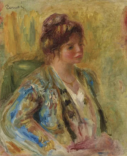 A young woman with downcast gaze wearing a patterned blue and gold embroidered jacket over a white blouse, on a warm yellow ground