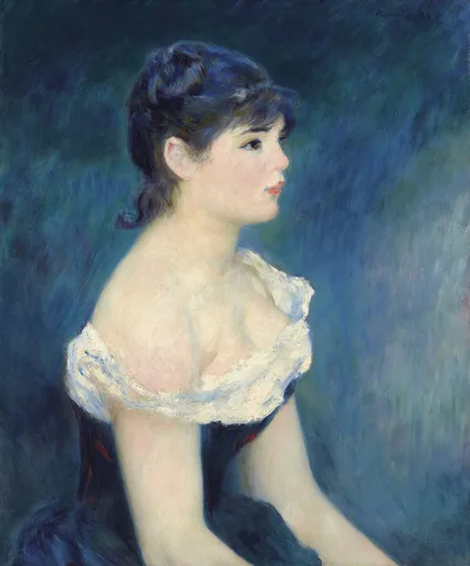 A dark-haired young woman in profile with bare shoulders and a white lace-trimmed bodice, against a deep blue background