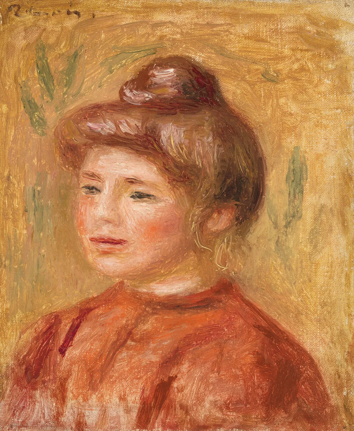 A young woman in a red-orange blouse and hat glances aside, gold earring visible, against a warm golden background