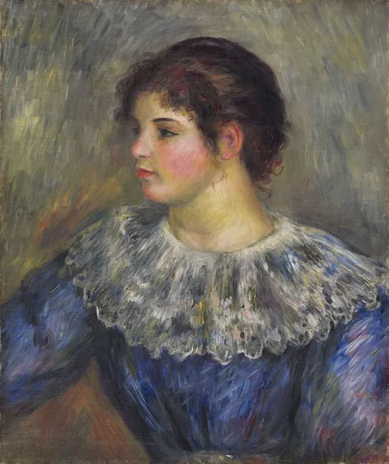 A young woman in a blue dress with a ruffled white collar looks off to the side, dark hair pinned up