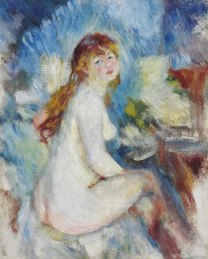 A red-haired girl with pale bare skin turning to look over her shoulder while seated, in loose strokes of blue and cream