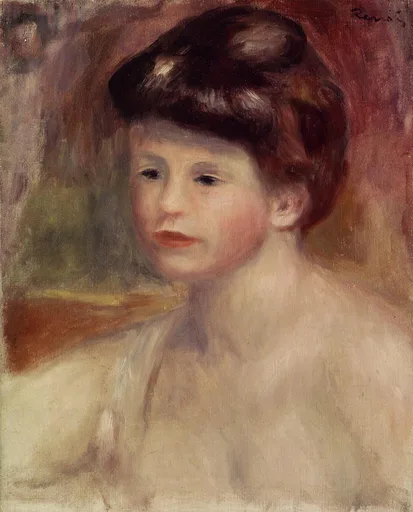 A young woman with dark upswept hair and bare shoulders gazing sideways, in soft pink and terracotta tones