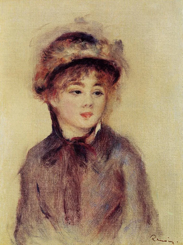 A young woman wearing a feathered fur hat and a mauve coat with a red bow at the neck, against a plain cream background