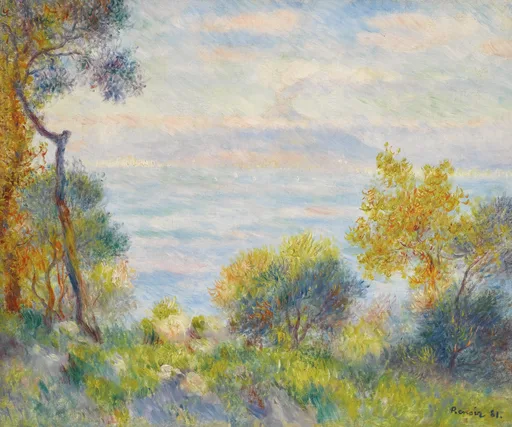 A coastal view through gnarled trees and shrubs framing a hazy bay under a pale sky, in green, blue, and soft peach tones