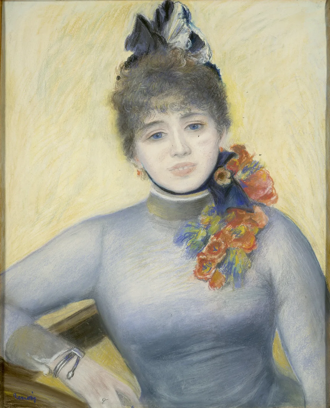 A blue-eyed woman with curly upswept hair wears a fitted blue gown with red flowers at the shoulder, on a yellow ground