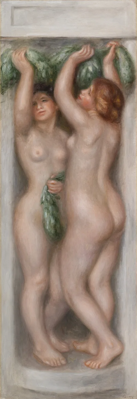 Two nude women, one seen from behind, raise their arms overhead to hold a green garland, in pale flesh tones and grey