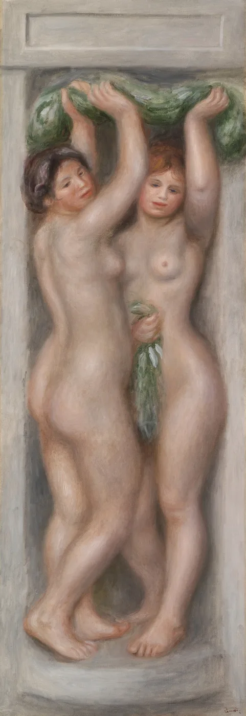 Two nude women stand side by side raising their arms overhead to hold a green garland, in pale flesh tones and grey