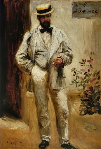 A bearded man in a white summer suit and straw boater standing outdoors beside a flowering rosebush, in cream and warm ochre tones